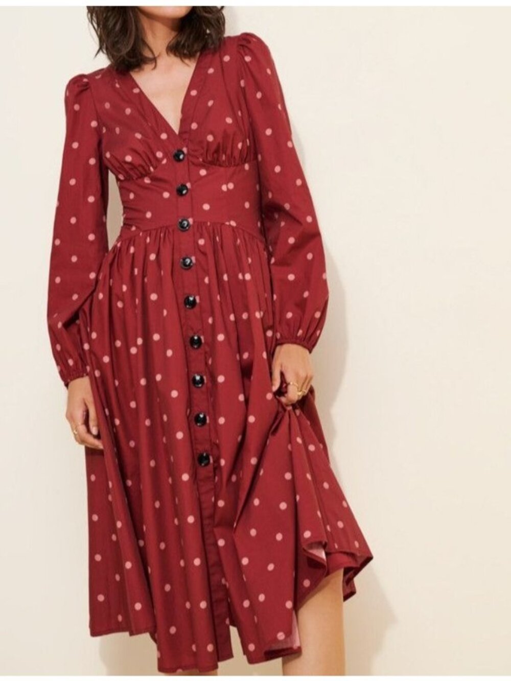 Hutch Drop Waist Long Sleeve Midi Dress Polka Dot Prairie Cottage Womens 4